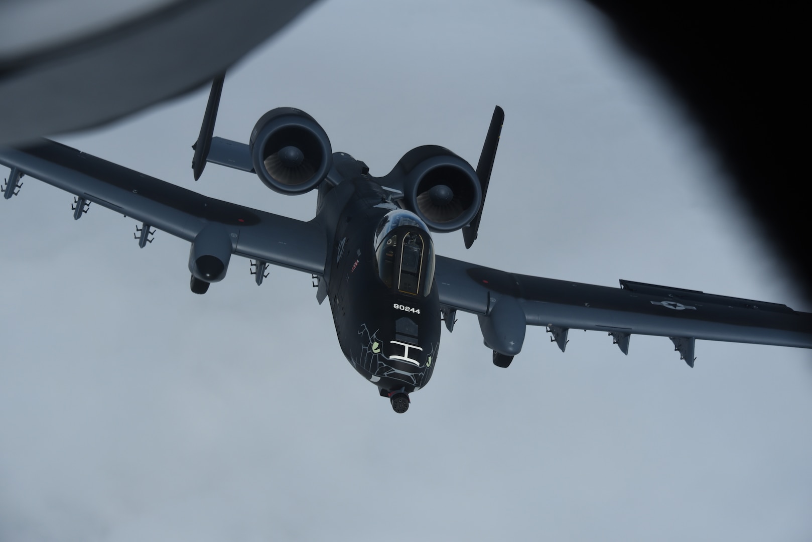 A black and gray U.S. Air Force A-10 Thunderbolt II from the Indiana Air National Guard’s 122nd Fighter Wing “Blacksnakes,” flying home to Fort Wayne July 7, 2021, after being painted at the Air National Guard paint facility in Sioux City, Iowa. The paint scheme commemorates the 100th anniversary of aviation in the Indiana National Guard.