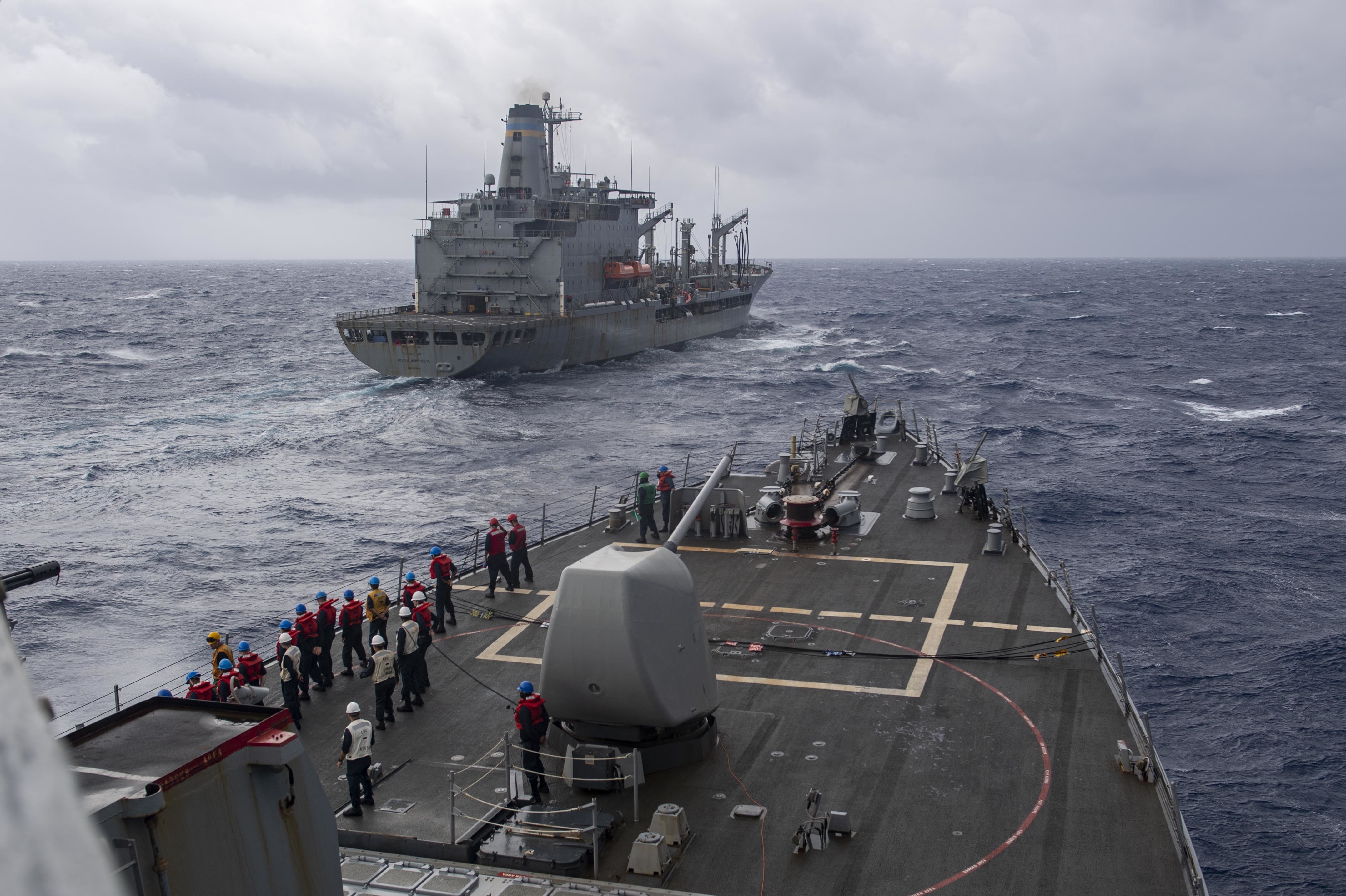 USS Laboon (DDG 58) approaches the Military Sealift Command Henry J. Kaiser-class oiler USNS Joshua Humphreys (T-AO 188) during a replenishment-at-sea in the Atlantic Ocean, July 9, 2021.