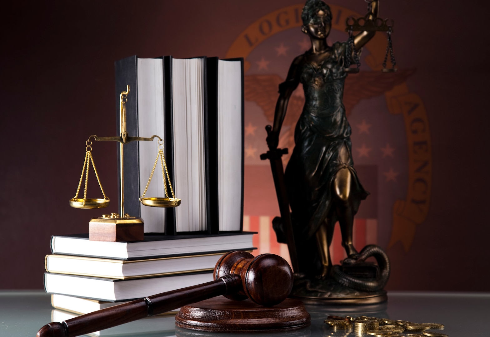 Judges wooden gavel and law books