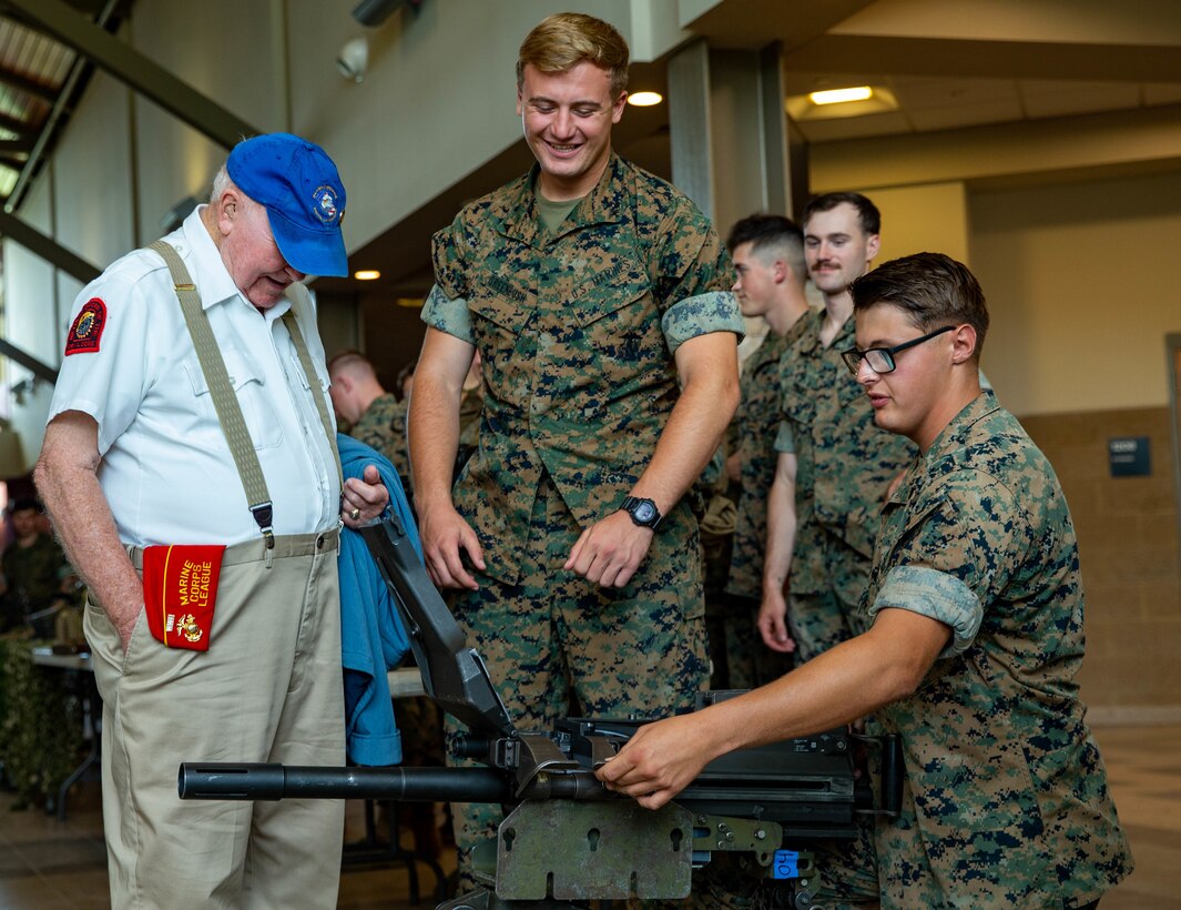 U.S. Marines with 3rd Battalion, 2d Marine Regiment (3/2), 2d Marine Division, explain how to use a Mark 19 grenade launcher to retired U.S. Marine Corps Sgt. Lee Reed at Camp Lejeune, N.C., July 9, 2021. Reed, who served in World War II while assigned to 3/2, visited the Marines to see how weapons and equipment have evolved, as well as to pass off wisdom and share his experiences. (U.S. Marine Corps photo by Lance Cpl. Reine Whitaker)