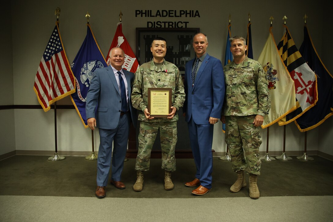 Former Philadelphia District Commanders (from left to right) COL (Ret.) Bob Ruch, LTC David Park, LTC (Ret.) Michael Bliss  and BG Thomas Tickner posed together during an awards ceremony prior to the Change of Command on July 9, 2021