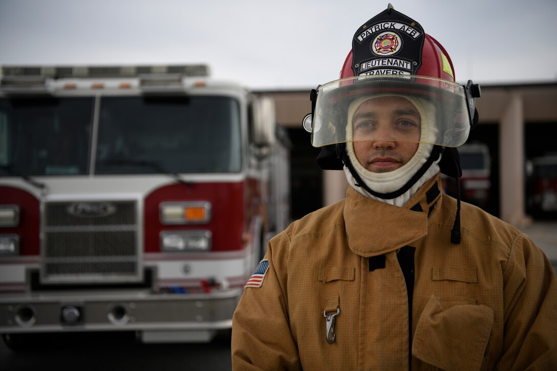 SSgt Scott Travers, 45th Civil Engineering Squadron fire inspector, poses for an environmental portrait at the Patrick Air Force Base Fire Department, Florida, Oct. 20, 2020. Travers posed for the 45th Space Wing’s “People Of Patrick” series, which gives insight on Cape Canaveral Space Force Station and PSFB Airmen and their career. (U.S. Space Force photo by Airman Thomas Sjoberg)