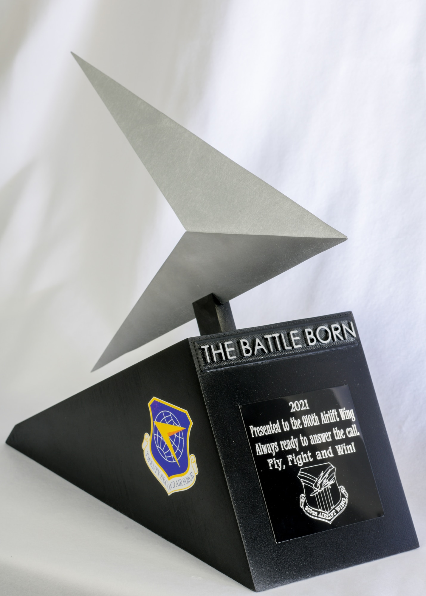 The 910th Aircraft Maintenance Squadron’s fabrication flight was tasked by 22nd Air Force to build the inaugural Battle Born Trophy to be presented to the 22nd AF unit that best represents the commander’s priority of “Readiness Now” during the previous year.