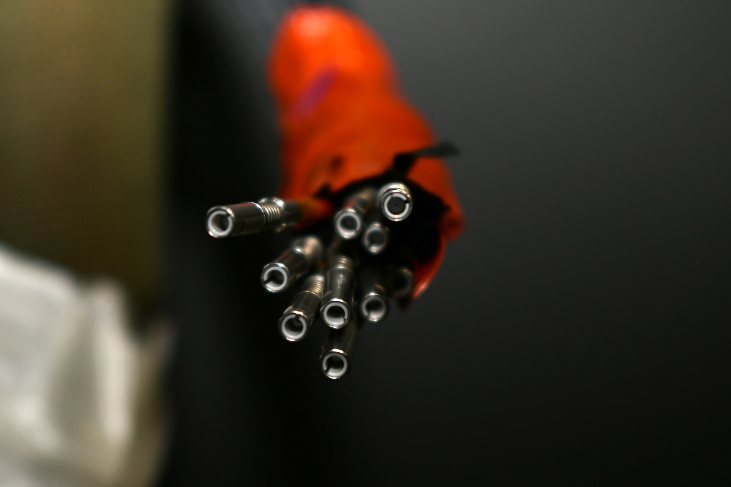 A close-up view of a fiber optic cable. Grease, oil, dirt and other contaminants can degrade the efficiency of fiber optic cables. FRCE is considering a robotic process to improve the speed and accuracy with which cable strands can be cleaned.