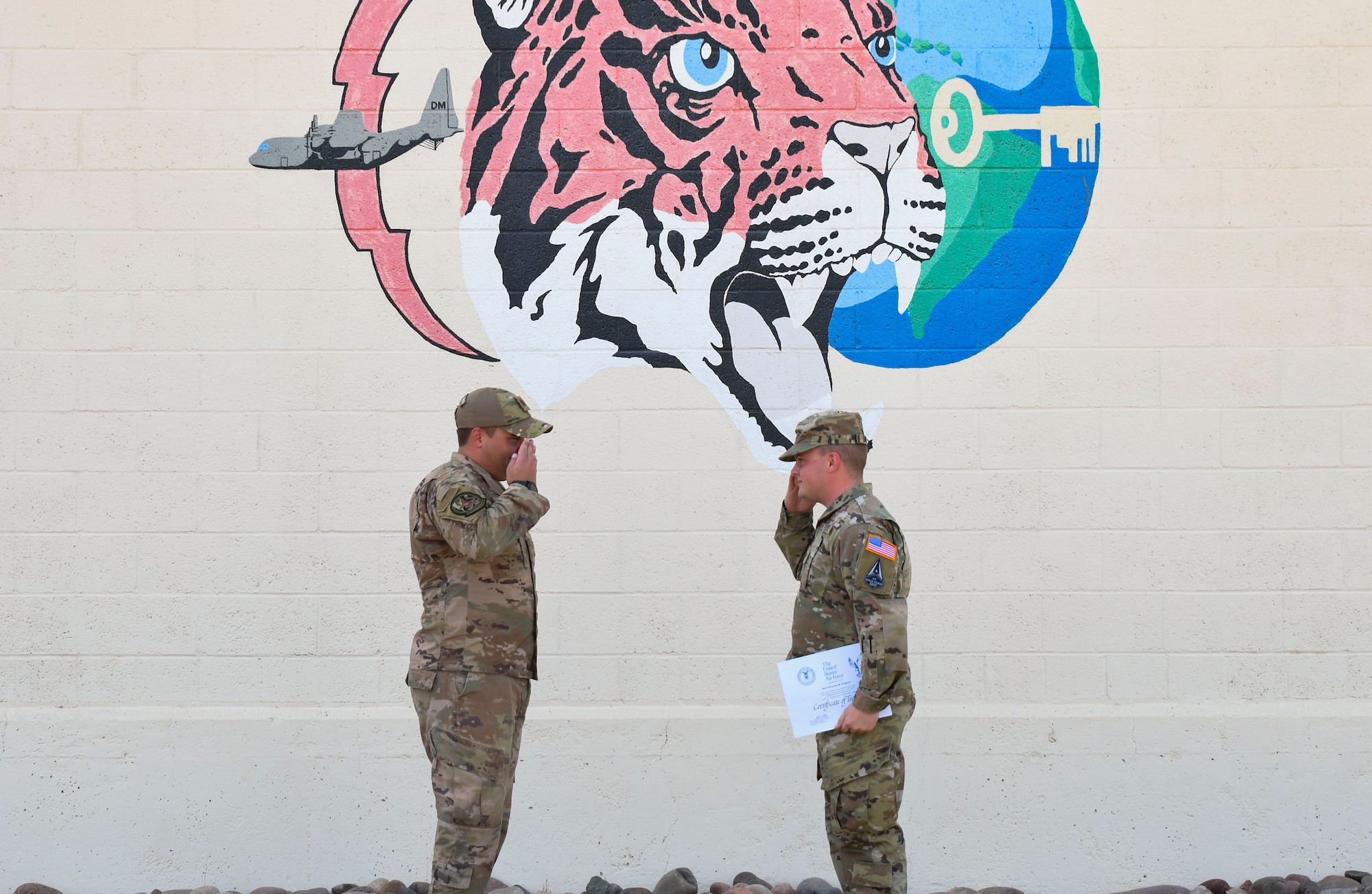 A photo of one airman saluting another
