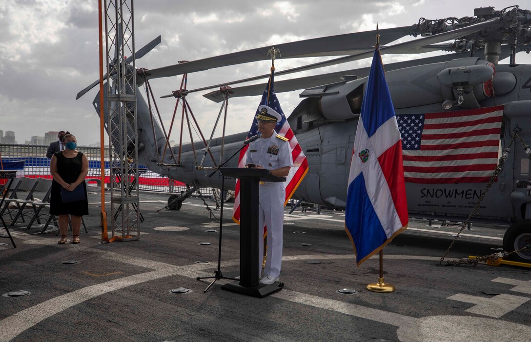 Rear Adm. Don Gabrielson, commander of U.S. Naval Forces Southern Command/U.S. 4th Fleet, gives remarks during a reception on the flight deck aboard  USS Billings (LCS 15), July 9, 2021.