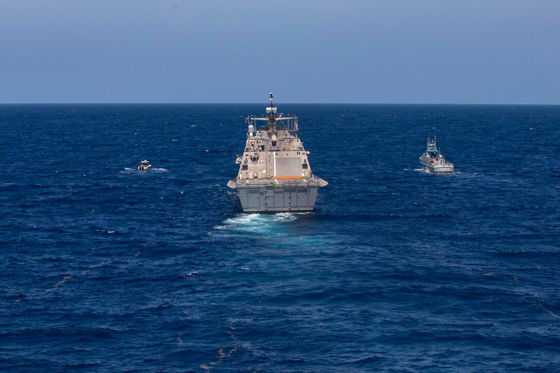 USS Billings (LCS 15) conducts a passing exercise (PASSEX) with Dominican Republic navy Swiftship-110’-class patrol boat Canopus (GC 107) and Justice Boston whaler-class boat Nunke (LI 163), July 10, 2021.