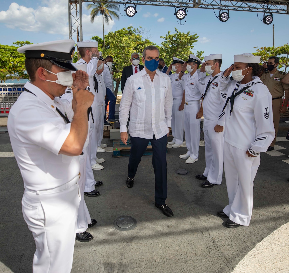 His Excellency Luis Rodolfo Abinader Corona, President of the Dominican Republic, boards the Freedom-variant littoral combat ship USS Billings (LCS 15), July 9, 2021.
