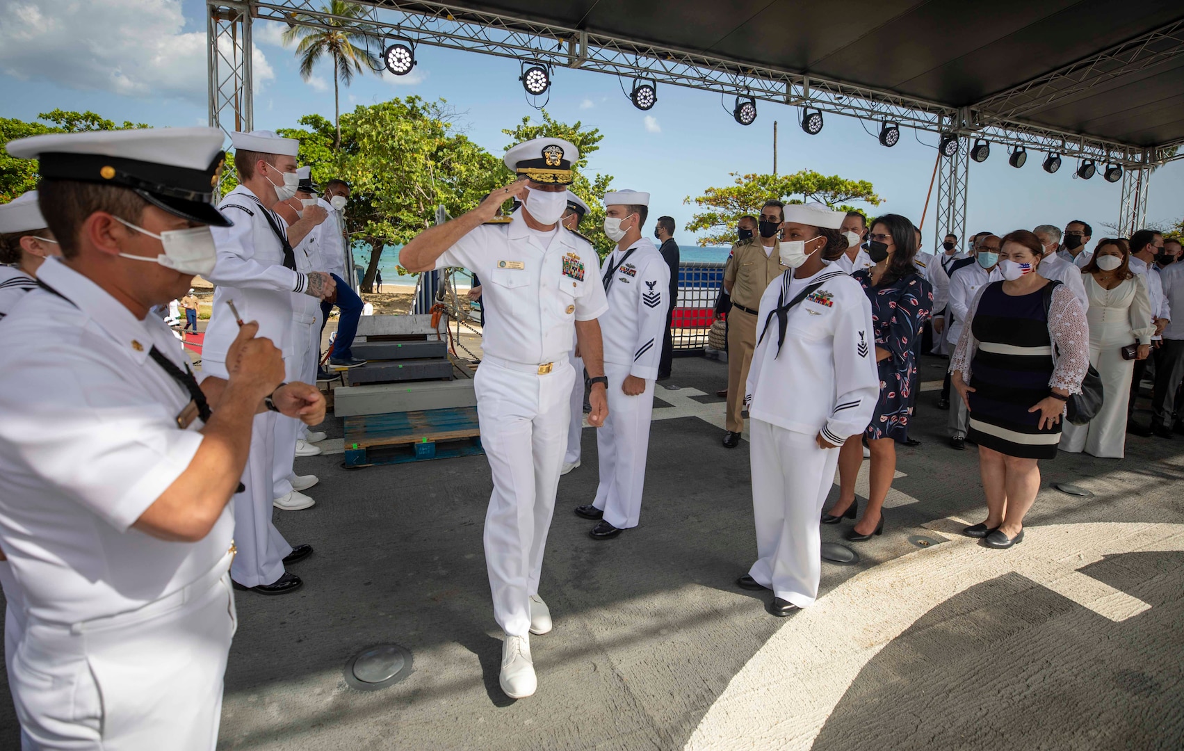 Rear Adm. Don Gabrielson, commander of U.S. Naval Forces Southern Command/U.S. 4th Fleet, boards the Freedom-variant littoral combat ship USS Billings (LCS 15), July 9, 2021.