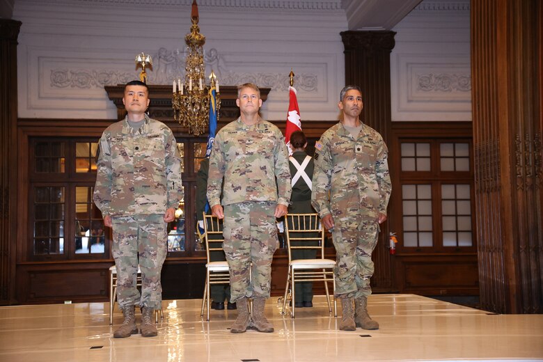 The USACE Philadelphia District ushered in new leadership as LTC Ramon Brigantti (right) assumed command of the organization from LTC David Park (left) during a July 9, 2021 ceremony in the Wanamaker Building's Crystal Tea Room. BG Thomas J Tickner, (middle) Commanding General of the North Atlantic Division, presided over the ceremony.