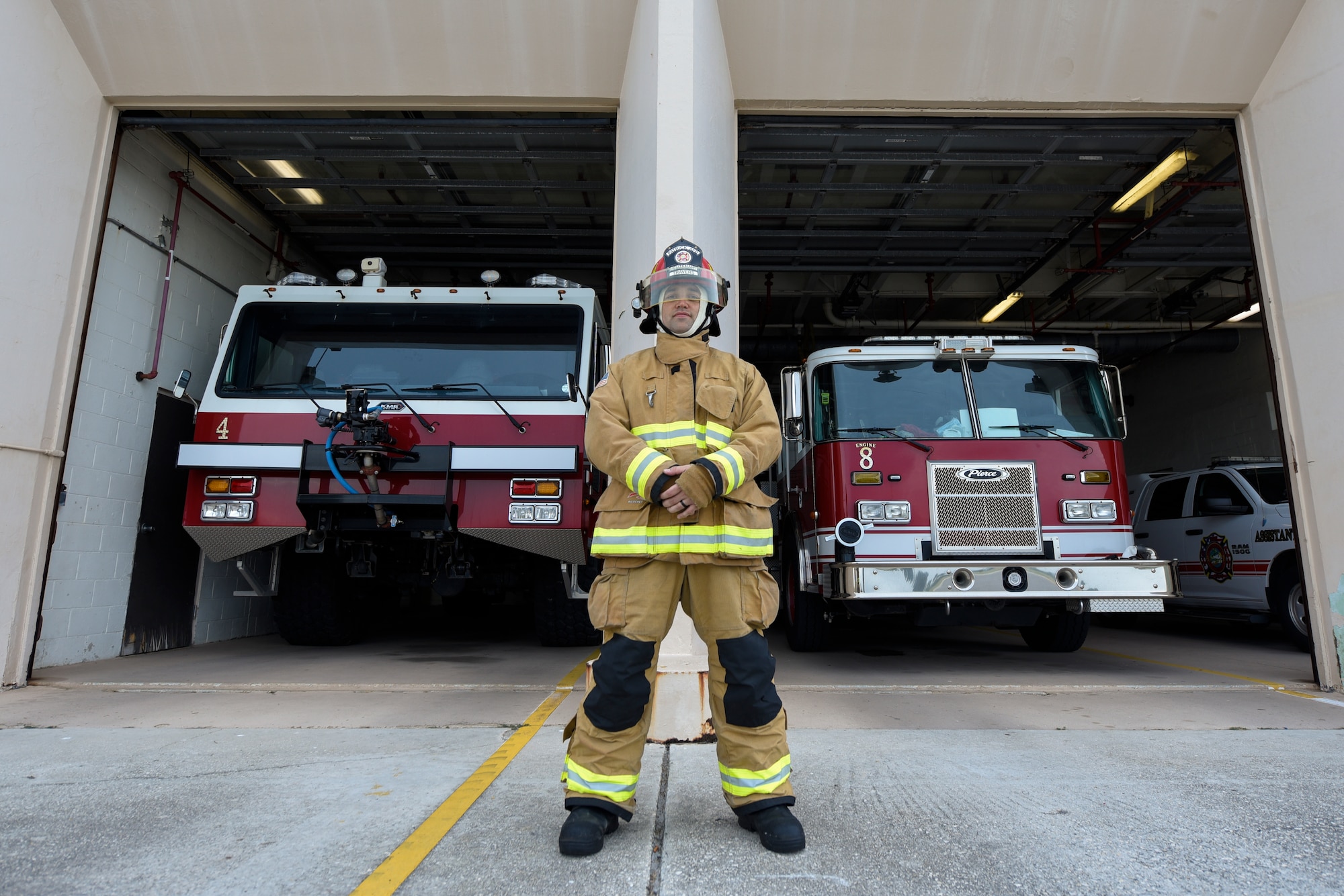 SSgt Scott Travers, 45th Civil Engineering Squadron fire inspector, poses for an environmental portrait at the Patrick Air Force Base Fire Department, Florida, Oct. 20, 2020. Travers posed for the 45th Space Wing’s “People Of Patrick” series, which gives insight on Cape Canaveral Space Force Station and PSFB Airmen and their career. (U.S. Space Force Photo By Airman Thomas Sjoberg)