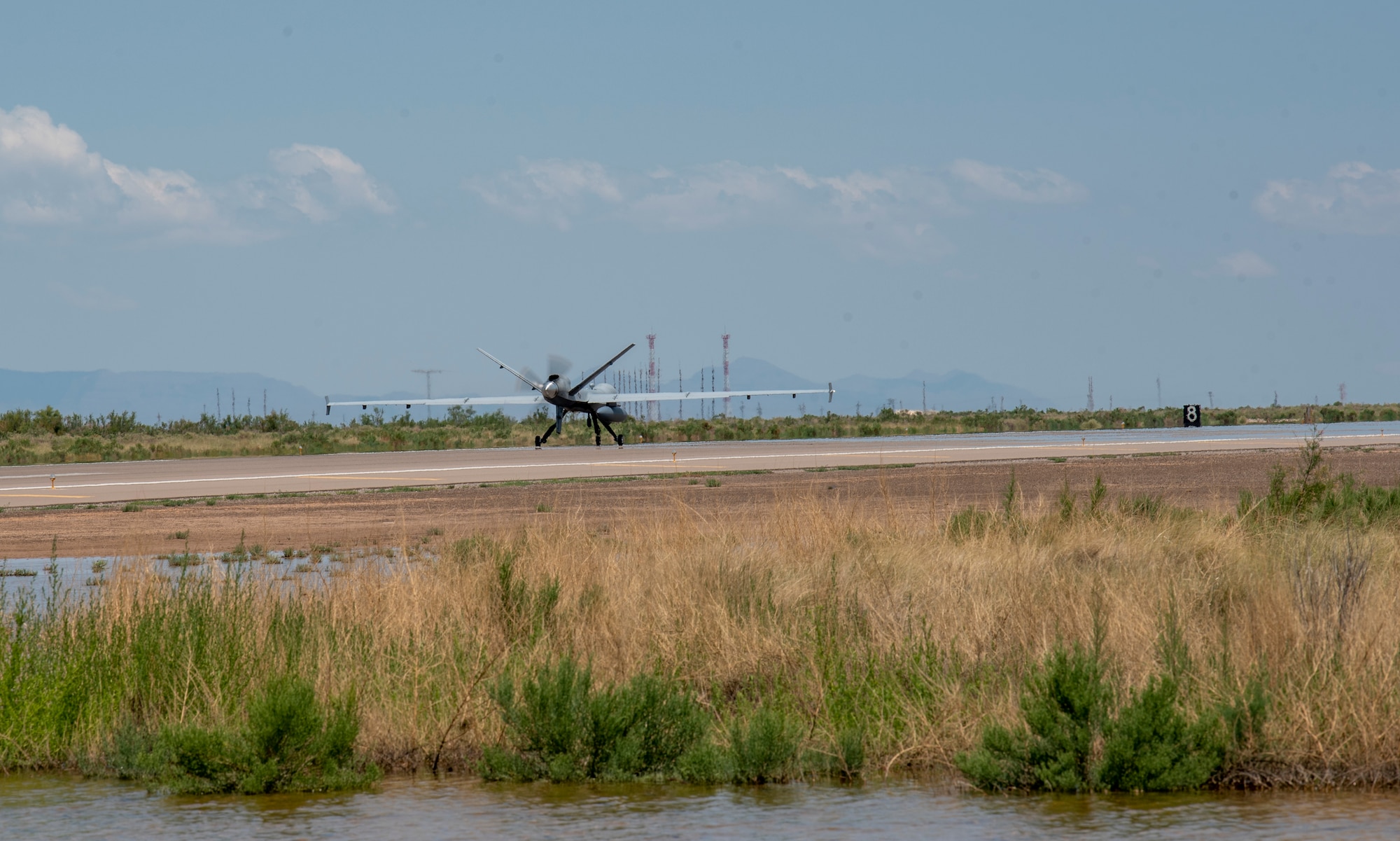 An MQ-9 Reaper from Creech Air Force Base, Nevada, prepares to take off from Holloman AFB.