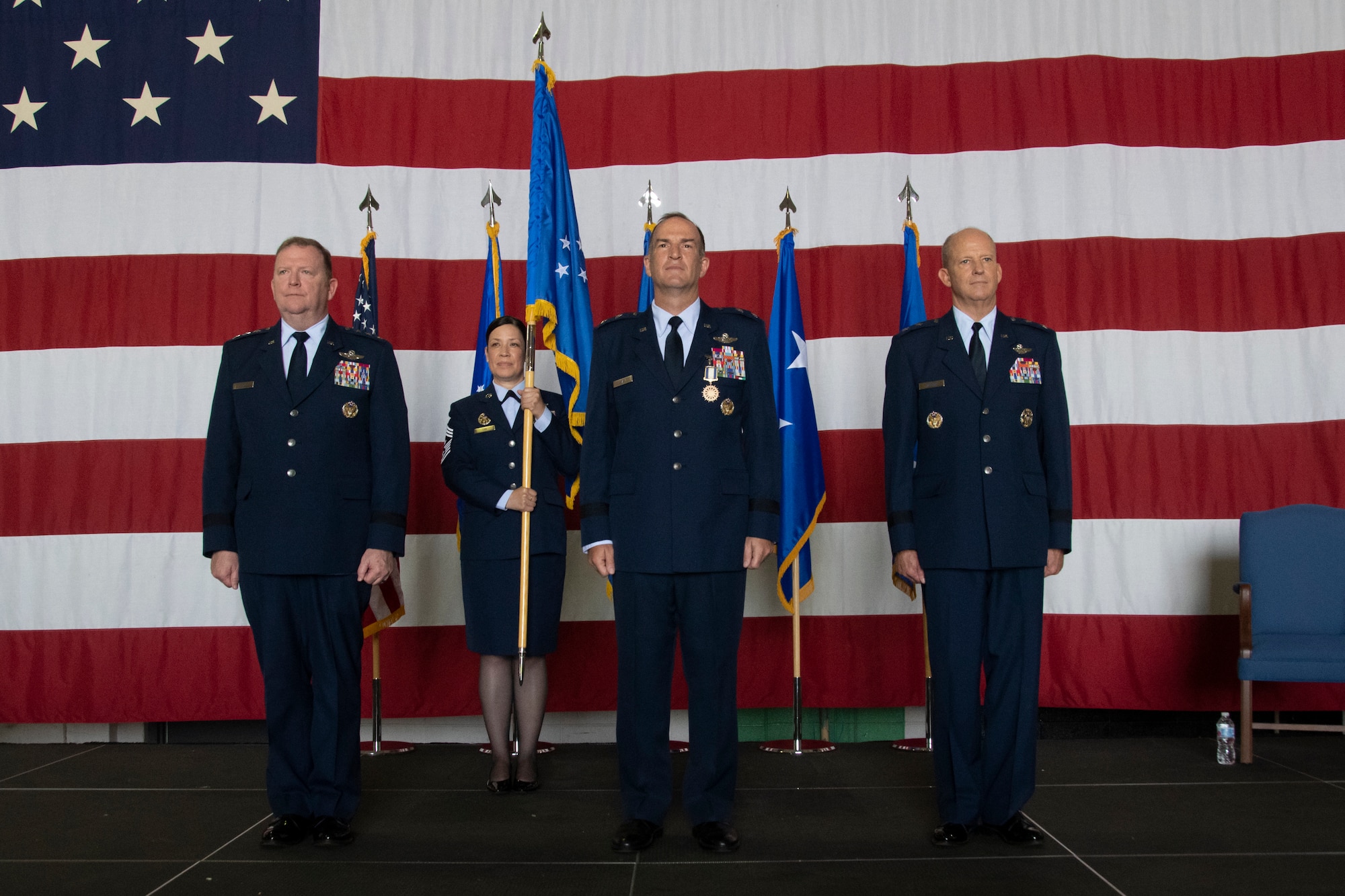 Maj. Gen. Bret C. Larson (right) takes command of 22nd Air Force from Maj. Gen. John P. Healy (center) during a ceremony at the Hangar 5, Dobbins Air Reserve Base, Georgia, July 10, 2021. The ceremony was officiated by Lt. Gen. Richard W. Scobee (left), commander of Air Force Reserve Command and Chief of the Air Force Reserve.

(U.S. Air Force photo by Senior Airman Kendra A. Ransum)