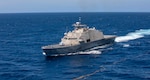 he Freedom-variant littoral combat ship USS Billings (LCS 15) transits the Caribbean Sea, July 10, 2021.