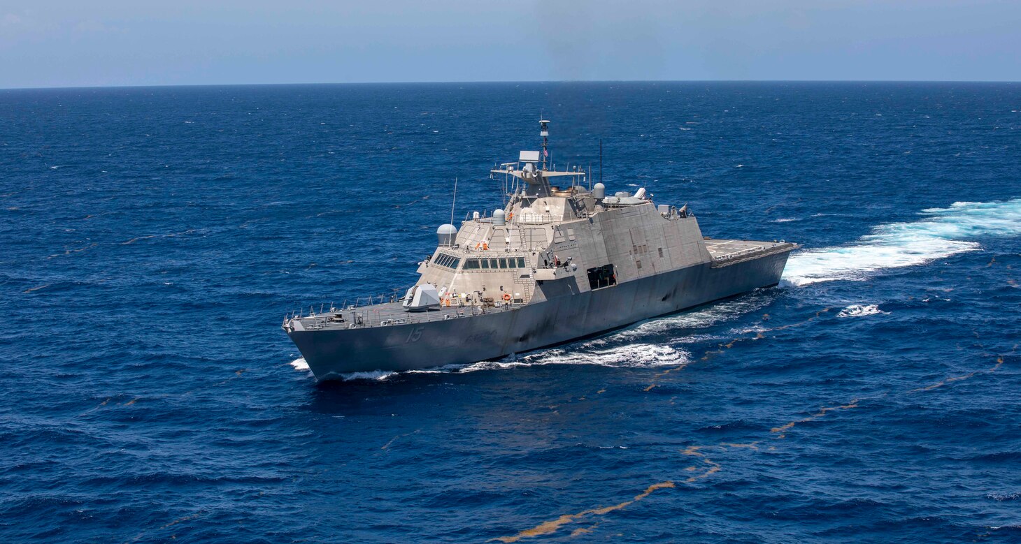 he Freedom-variant littoral combat ship USS Billings (LCS 15) transits the Caribbean Sea, July 10, 2021.