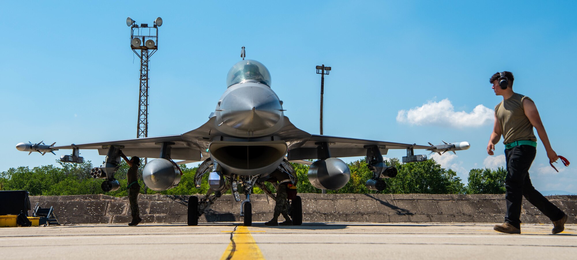 A U.S. Air Force F-16 Fighting Falcon lands after arriving at Graf Ignatievo Air Base, Bulgaria, for Bulgarian air force-led exercise Thracian Star 21, July 9, 2021. Participation in multinational exercises such as Thracian Star 21 enhances professional relationships and improves overall coordination with allies and partner militaries during times of crisis. (U.S. Air Force photo by Airman 1st Class Brooke Moeder)