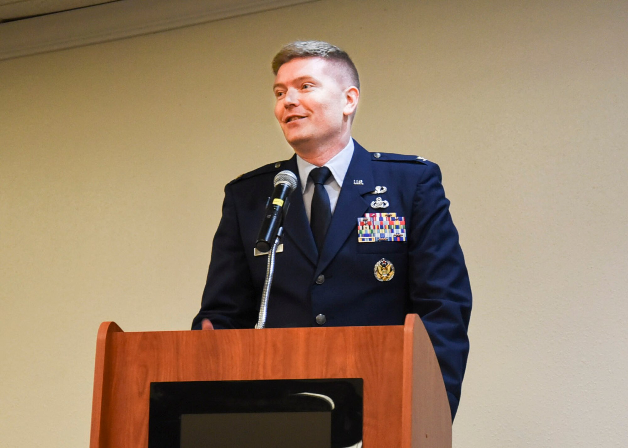 Col. Charles St.Sauver speaks at a change of command ceremony
