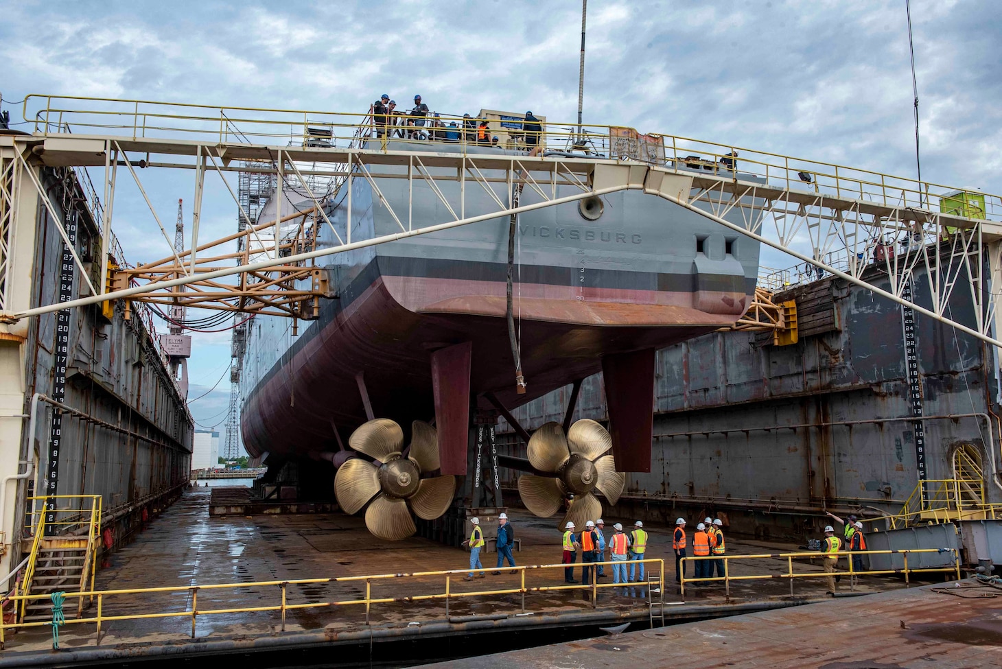 USS Vicksburg (CG 69) prepares to depart the BAE Systems Norfolk Ship Repair dry dock pier.