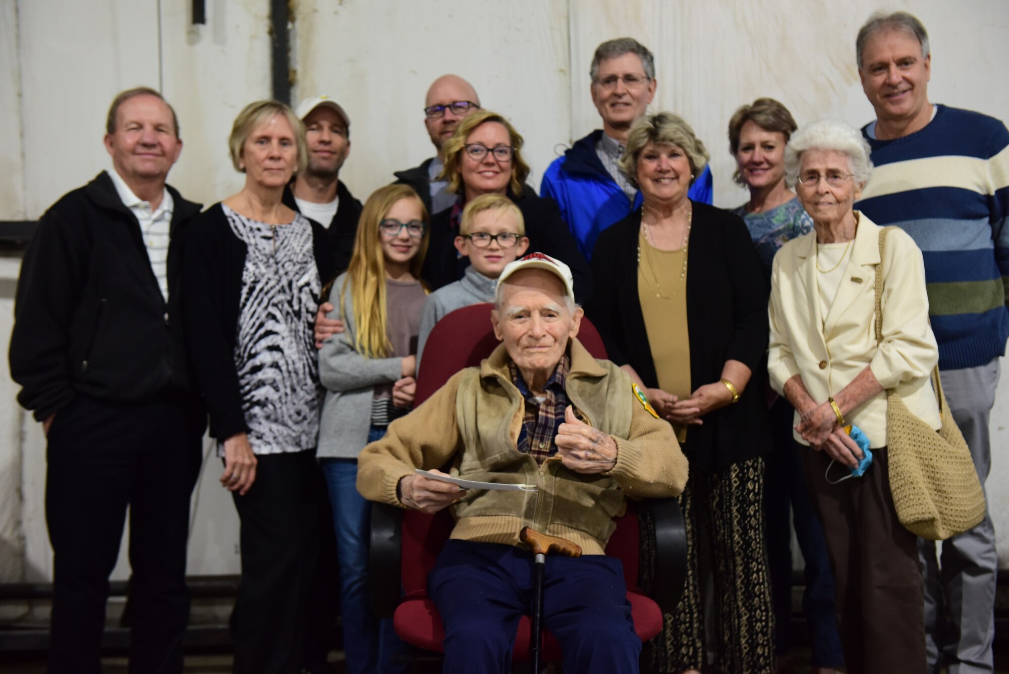 U.S. Air Force Lt. Col. (retired) Darrell Larkin poses with family for a photo May 8, 2021 at the Highland County Airport, Hillsboro, Ohio. Larkin was surprised with the party for his 100th birthday by family, friends, and members of the 178th Wing. (U.S. Air National Guard photo by Airman Jillian Maynus)