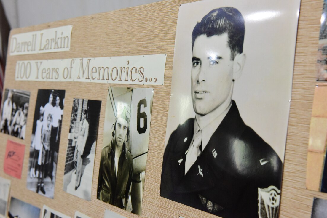 U.S. Air Force Lt. Col. (retired) Darrell Larkin is featured on a board for party attendees to learn about him and his life May 8, 2021 at the Highland County Airport, Hillsboro, Ohio.