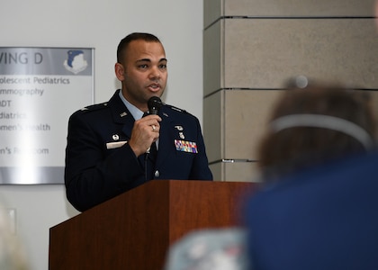 Col. Luis A. Berrios, 433rd Aerospace Medicine Squadron commander, speaks about life experiences leading to his command of the unit during an assumption of command ceremony July 10, 2021, at Joint Base San Antonio-Lackland, Texas. Berrios promoted to colonel prior to accepting command of the 433rd AMDS. (U.S. Air Force photo by Tech. Sgt. Iram Carmona)