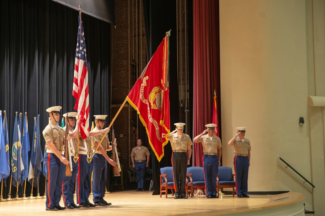 Marine Corps Recruiting Command conducted a Sergeant Major Relief and Appointment Ceremony at Little Hall, Marine Corps Base Quantico, Va., July 9, 2021. During the ceremony, Sgt. Maj. Cortez L. Brown was relieved as the MCRC Sergeant Major while Sgt. Maj. Adan F. Moreno was appointed as the new MCRC Sergeant Major.  (U.S. Marine Corps photo by Lance Cpl. Jennifer Sanchez)