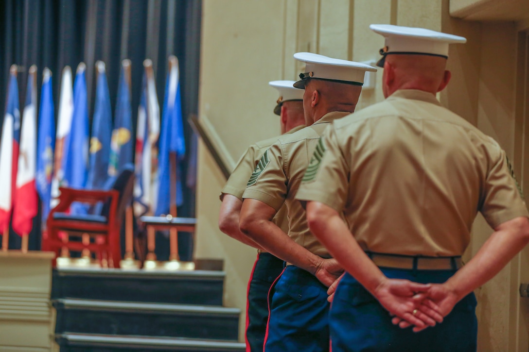 Marine Corps Recruiting Command conducted a Sergeant Major Relief and Appointment Ceremony at Little Hall, Marine Corps Base Quantico, Va., July 9, 2021. During the ceremony, Sgt. Maj. Cortez L. Brown was relieved as the MCRC Sergeant Major while Sgt. Maj. Adan F. Moreno was appointed as the new MCRC Sergeant Major.  (U.S. Marine Corps photo by Lance Cpl. Jennifer Sanchez)