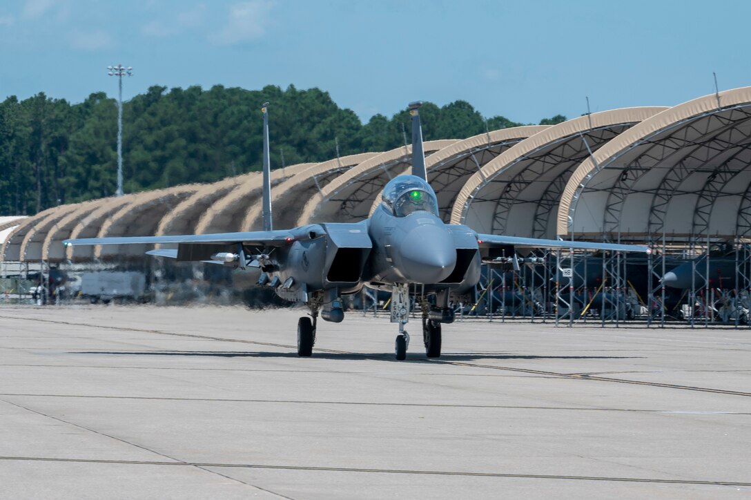 Capt. Adelae Caple 336th Fighter Squadron pilot and Maj. David Hook, 50th Flying Training Squadron instructor pilot taxi to the runway at Seymour Johnson Air Force Base, North Carolina, July 9, 2021.