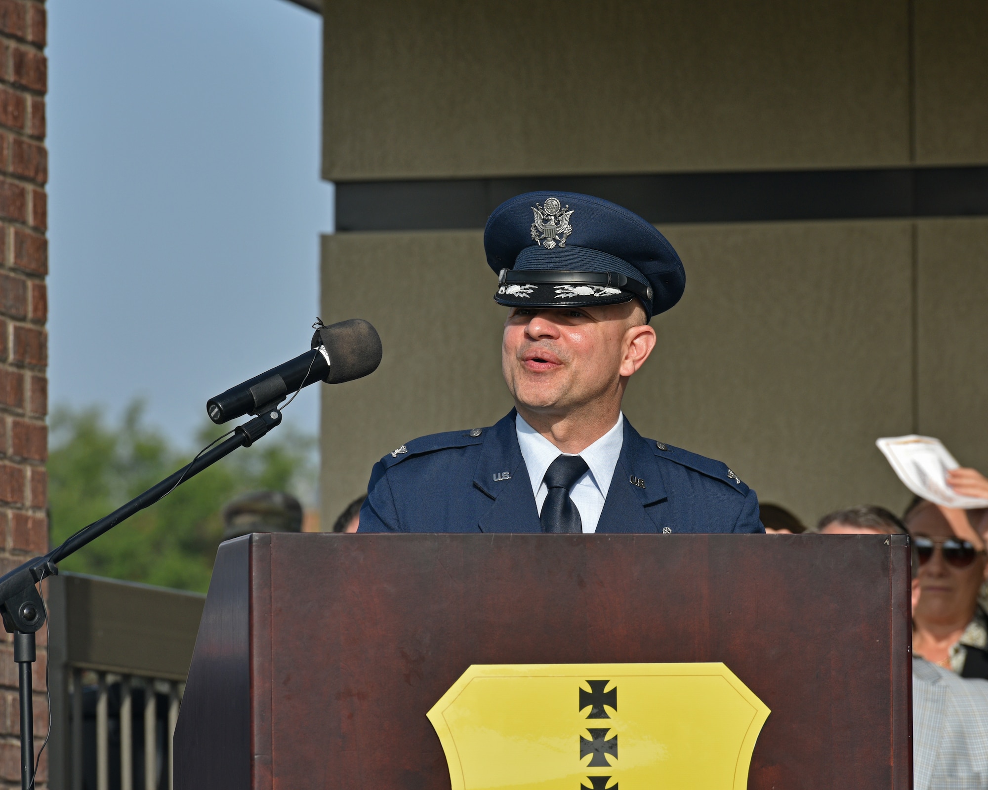 U.S. Air Force Col. Andres Nazario, 17th Training Wing outgoing commander, speaks during the 17th TRW change of command ceremony on Goodfellow Air Force Base, Texas, July 13, 2021. Under Nazario’s command, the 17th TRW earned the Air Force Outstanding Unit Award and expanded partnerships resulting in Goodfellow continuing to hold the highest number of agreements between a military base and the surrounding community Department of Defense wide. (U.S. Air Force photo by Senior Airman Ashley Thrash)