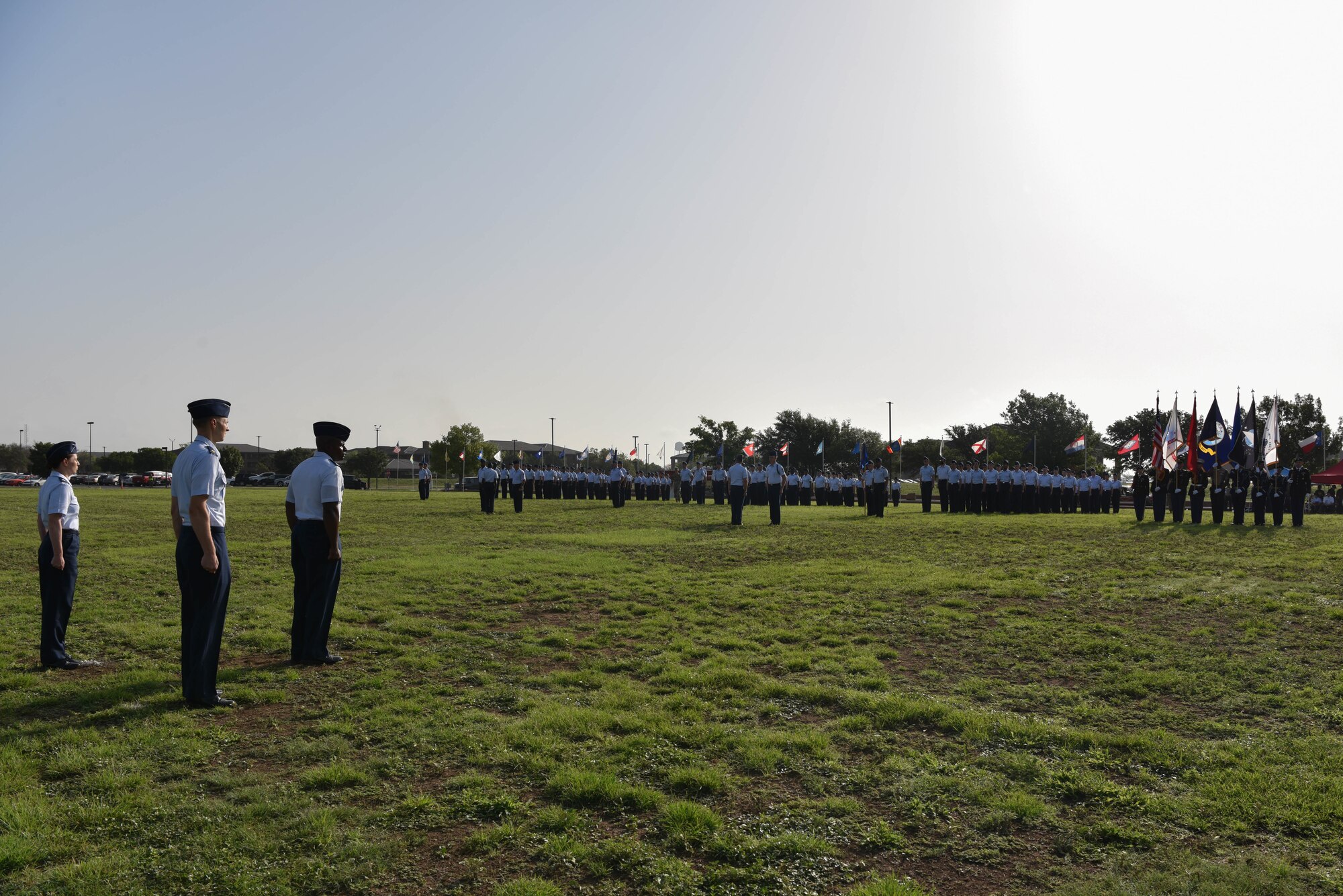 U.S. Air Force Col. James Finlayson, 17th Training Wing vice commander, prepares the formation for the pass in review portion of the 17th TRW change of command ceremony on Goodfellow Air Force Base, Texas, July 13, 2021. Representatives from the Army, Navy, Air Force and Marine Corps stood in formation during the event to honor outgoing commander, Col. Andres Nazario, and welcome the incoming commander, Col. Matthew Reilman. (U.S. Air Force photo by Senior Airman Jermaine Ayers)