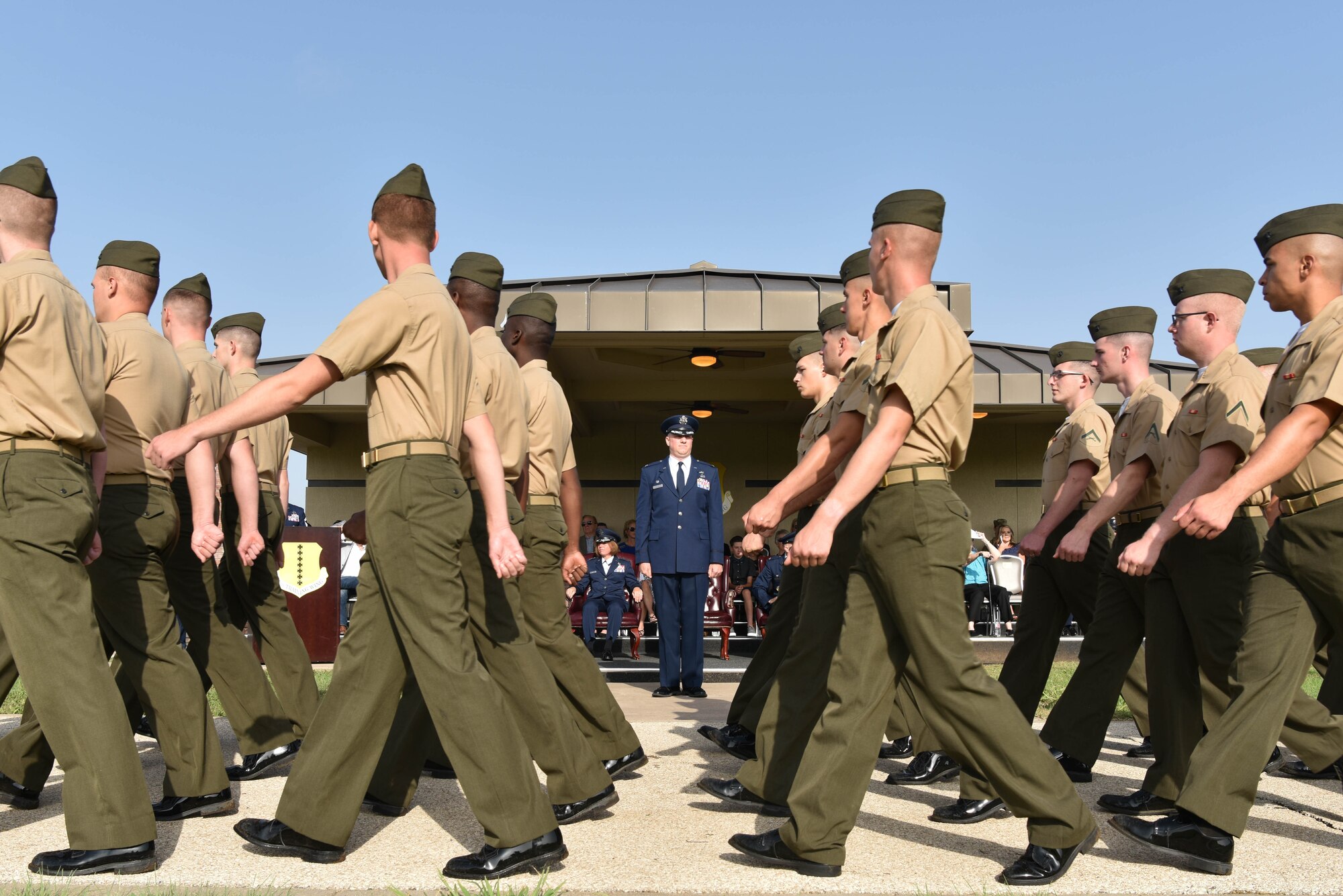 U.S. Air Force Col. Matthew Reilman, 17th Training Wing commander, reviews the formation during the pass in review portion of the 17th TRW change of command ceremony on Goodfellow Air Force Base, Texas, July 13, 2021. The pass in review was followed by the Armed Forces Medley which signified the ending of the change of command ceremony. (U.S. Air Force photo by Senior Airman Jermaine Ayers)