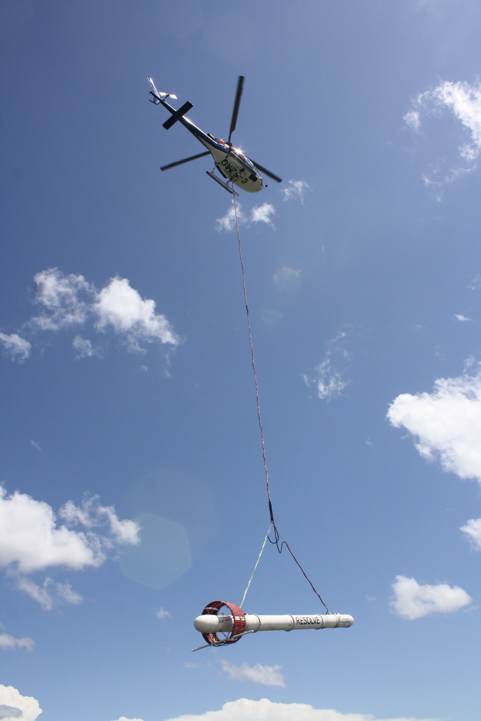 VICKSBURG, Miss. – An 800-pound dart-shaped instrument is the latest tool to map beneath the surface of levees in a partnership between the U.S. Army Corps of Engineers Vicksburg District and the U.S. Geological Survey.

For the first time, a regional geophysical survey will provide a full overview of 800 miles of the Mississippi River mainline levees. Sometimes called a bird, the frequency domain system suspended from a helicopter will use frequency technology similar to LiDAR to differentiate between various soil layers and penetrate about 150 feet under the surface.