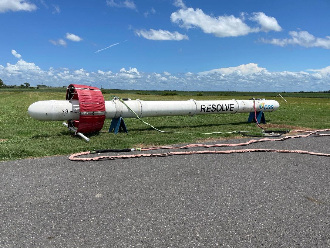 VICKSBURG, Miss. – An 800-pound dart-shaped instrument is the latest tool to map beneath the surface of levees in a partnership between the U.S. Army Corps of Engineers Vicksburg District and the U.S. Geological Survey.

For the first time, a regional geophysical survey will provide a full overview of 800 miles of the Mississippi River mainline levees. Sometimes called a bird, the frequency domain system suspended from a helicopter will use frequency technology similar to LiDAR to differentiate between various soil layers and penetrate about 150 feet under the surface.