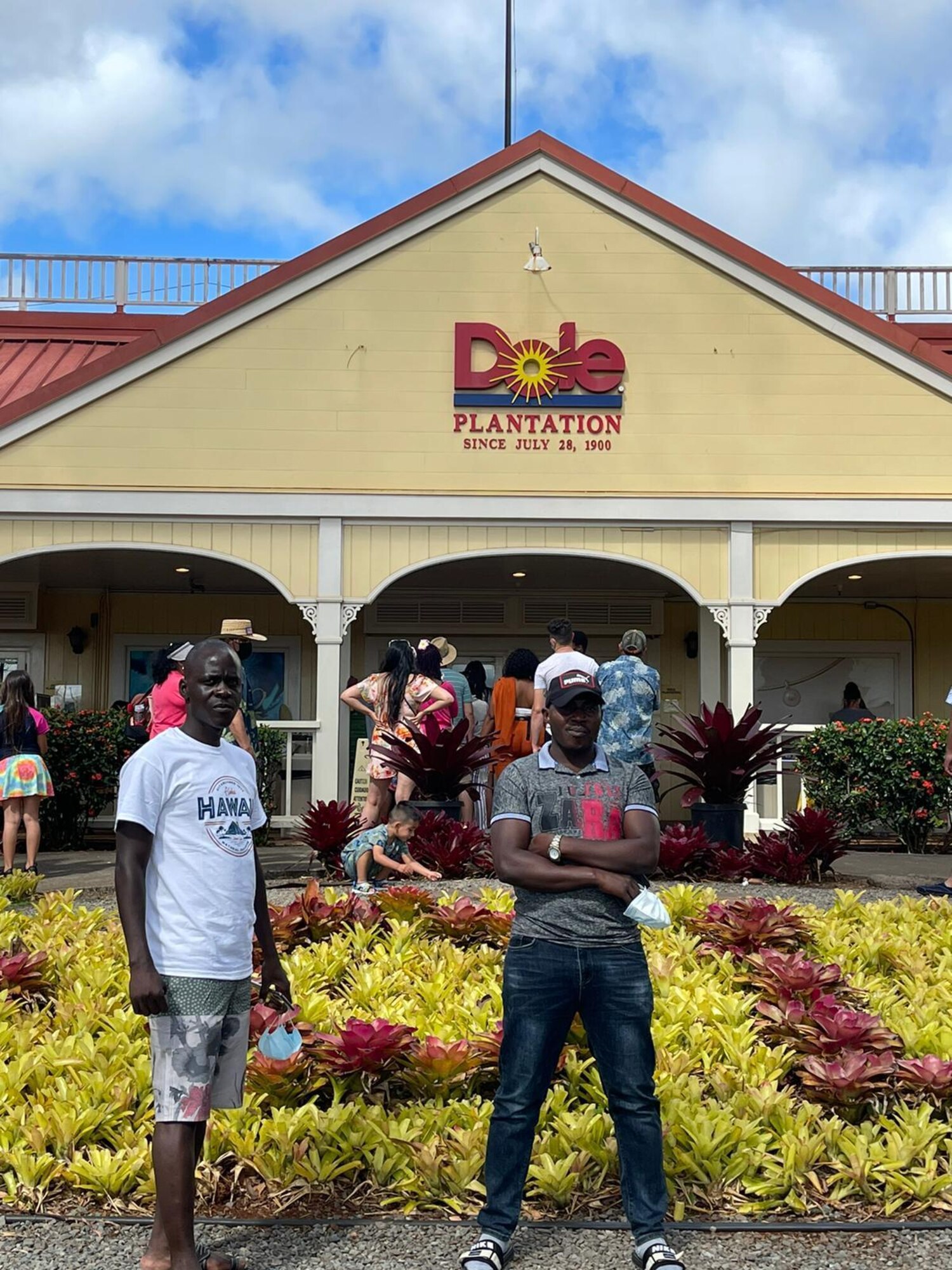 Ugandan Air Force Sgts. Turyamureba Daniel and Magambo Charles, visit the Dole Plantation in Wahiawa, Hawaii, June 27, 2021. Daniel and Charles recently graduated Airman Leadership School from the Chief Master Sgt. James C. Binnicker Professional Military Education Center. (U.S. Air Force courtesy photo)