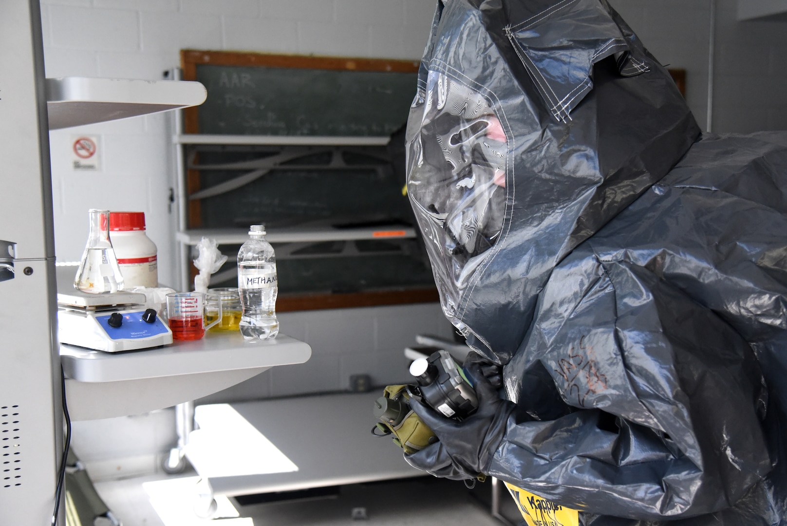 Virginia National Guard Soldiers and Airmen assigned to the Fort Pickett-based 34th Civil Support Team conduct a site assessment on a mock drug lab during a training exercise June 24, 2021, at the Manassas Readiness Center in Manassas, Virginia.