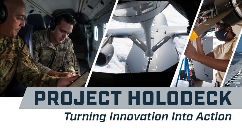 A graphic shows images of troops at a computer, an aerial refueling and an airman performing aircraft maintenance.