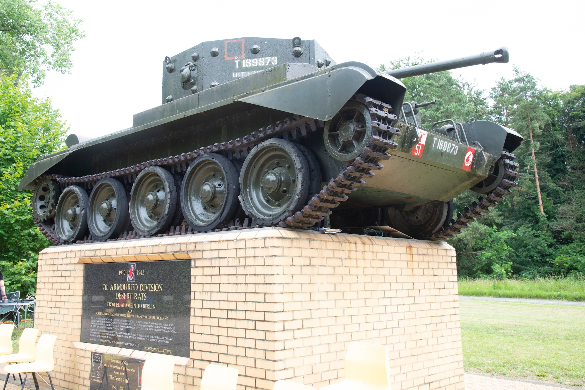 A Cromwell Mark IV tank “Little Audrey” sits on top of the Desert Rats memorial in High Ash, Thetford Forest, England, July 11, 2021. The Cromwell cruiser tank took part in the invasion of Normandy in June 1944 for the 7th Armoured Division Desert Rats which now sits in honor of those who have fallen during World War II. (U.S. Air Force photo by 1st Lt. Tyler Whiting)