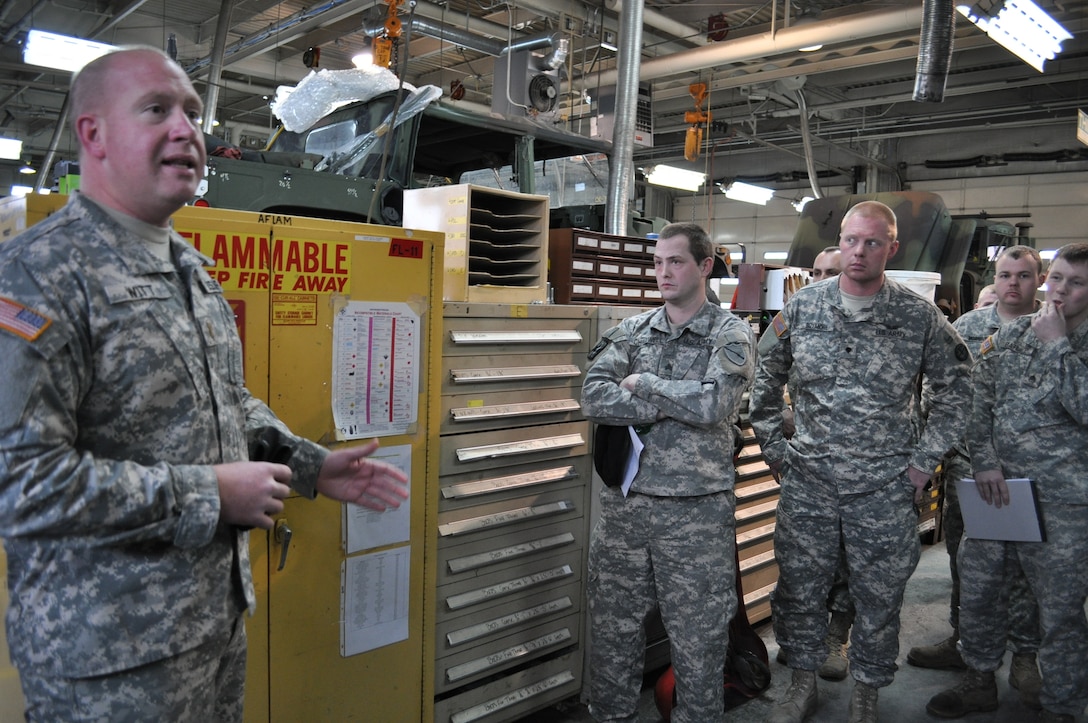 2nd Lt. Joshua Witt, safety and occupational health manager, gives an OSHA class to Kentucky Guards mechanics at Boone National Guard Center in Frankfort, Ky.