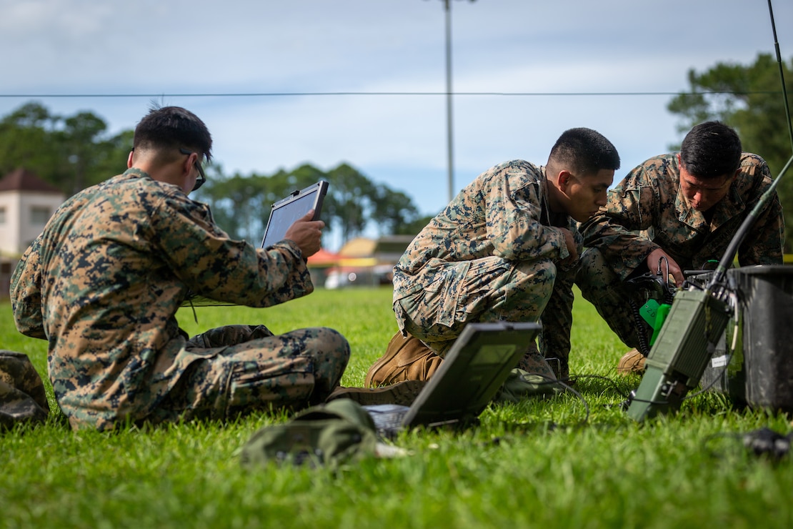 U.S. Marines with 2d Marine Regiment, 2d Marine Division (MARDIV), set up AN/PRC-160(V) radios as part of the 2d MARDIV High-Frequency (HF) Competition on Naval Submarine Base Kings Bay, Ga., July 12, 2021. The competition enhanced HF transmission proficiency and capabilities to prepare Marines for future expeditionary conflicts where the area is either contested or degraded. (U.S. Marine Corps photo by Lance Cpl. Brian Bolin Jr.)