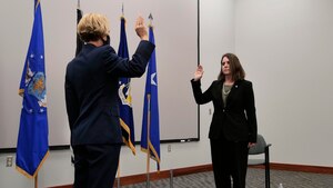 Maj. Gen. Heather Pringle, AFRL commander, appoints Amanda Gentry into Senior Executive Service July 9, 2021 at Wright-Patterson Air Force Base, Ohio. (U.S. Air Force photo by Keith Lewis)
