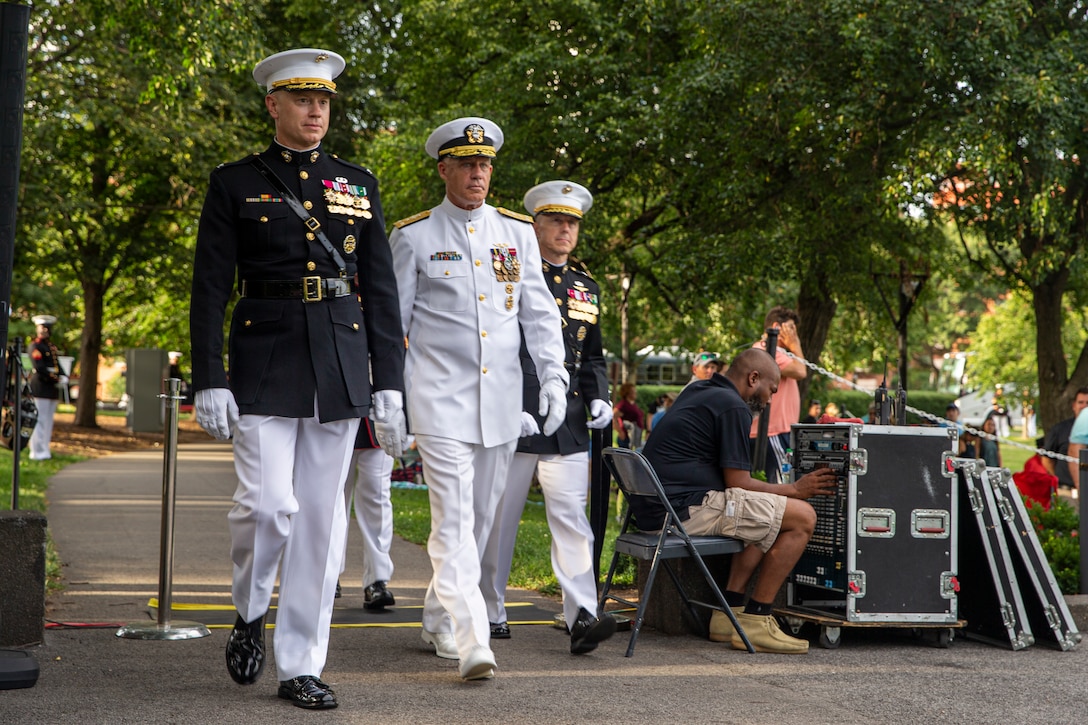 The official party arrives prior to the Tuesday Sunset Parade at the Marine Corps War Memorial, Arlington, Va., July 13, 2021. The hosting official for the evening was Brig. Gen. George B. Rowell IV, Director of Communication, Headquarters, Marine Corps, and the guest of honor was Vice Admiral Sean Buck, Superintendent of the United States Naval Academy. (U.S. Marine Corps photo by Lance Cpl. Tanner D. Lambert)