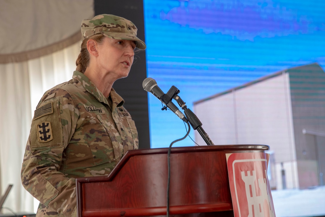 U.S. Army Brig. Gen. Kimberly M. Colloton, commanding general and division engineer of the U.S. Army Corps of Engineers Transatlantic Division, delivers a speech during the ribbon cutting ceremony at Patriot Fire Site, Site #7, Kuwait, July 5, 2021. Colloton recognized the ‘team of teams’ that came together to plan and construct the site.