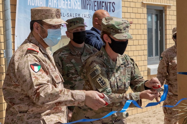 U.S. Army Brig. Gen. Kimberly M. Colloton, commanding general and division engineer of the U.S. Army Corps of Engineers Transatlantic Division, and Kuwait Army Maj. Gen. Adel Al Hafez, commander with the Kuwait Air Defense Forces, cut the ribbon at the new Patriot Fire Site, Site #7, Kuwait, July 5, 2021. The new Air Defense site will expand the Kuwait Ministry of Defense’s defense capabilities and enable assured protection to Kuwaiti citizens and allies.