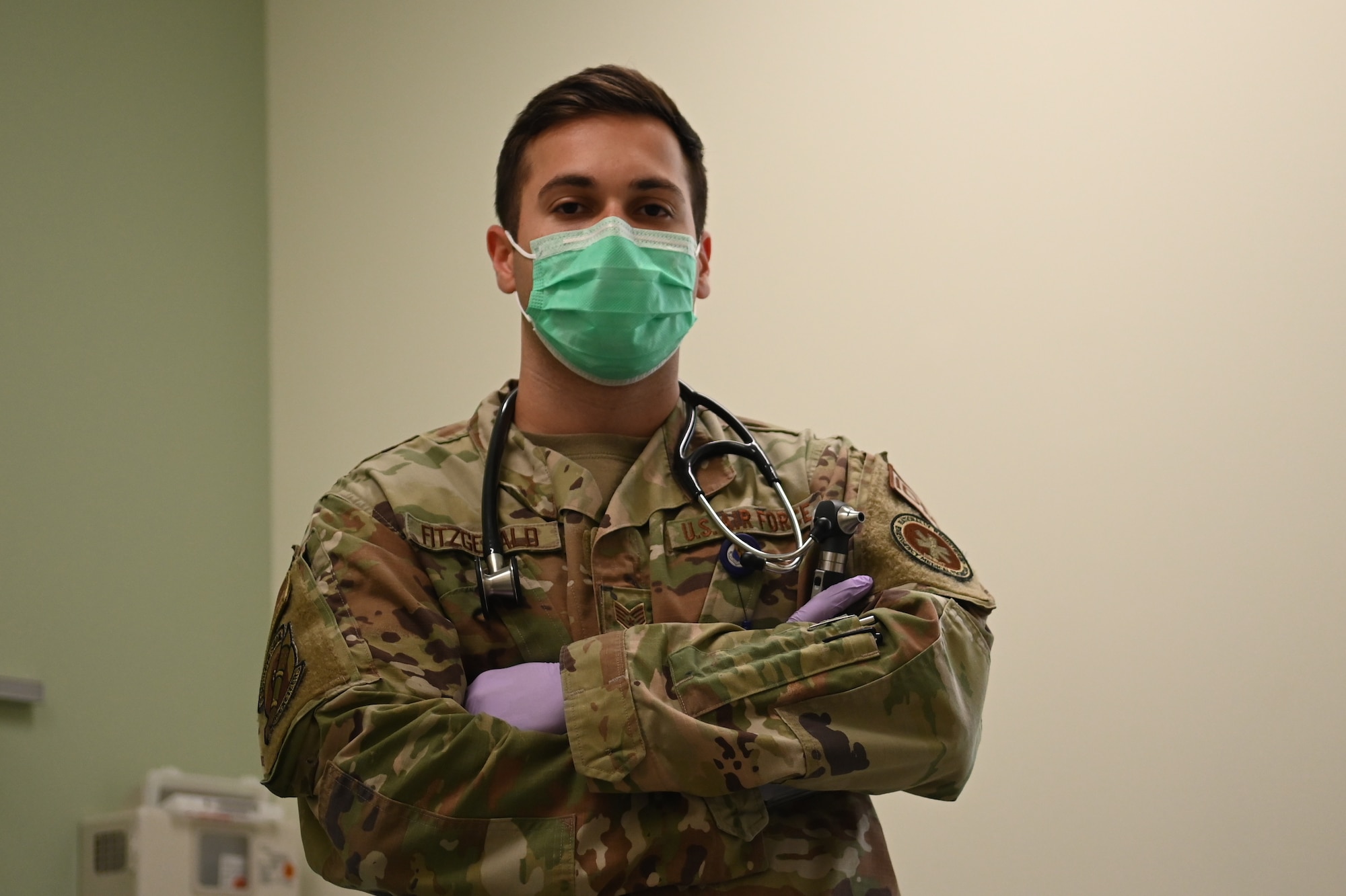 Staff Sgt. Jon Paul Fitzgerald, 336th Fighter Squadron independent duty medical technician, poses for a photo at Seymour Johnson Air Force Base, North Carolina, July 13, 2021. Fitzgerald also serves as a first aid, CPR, and AED instructor. (U.S. Air Force Photo by Airman 1st Class David Lynn)