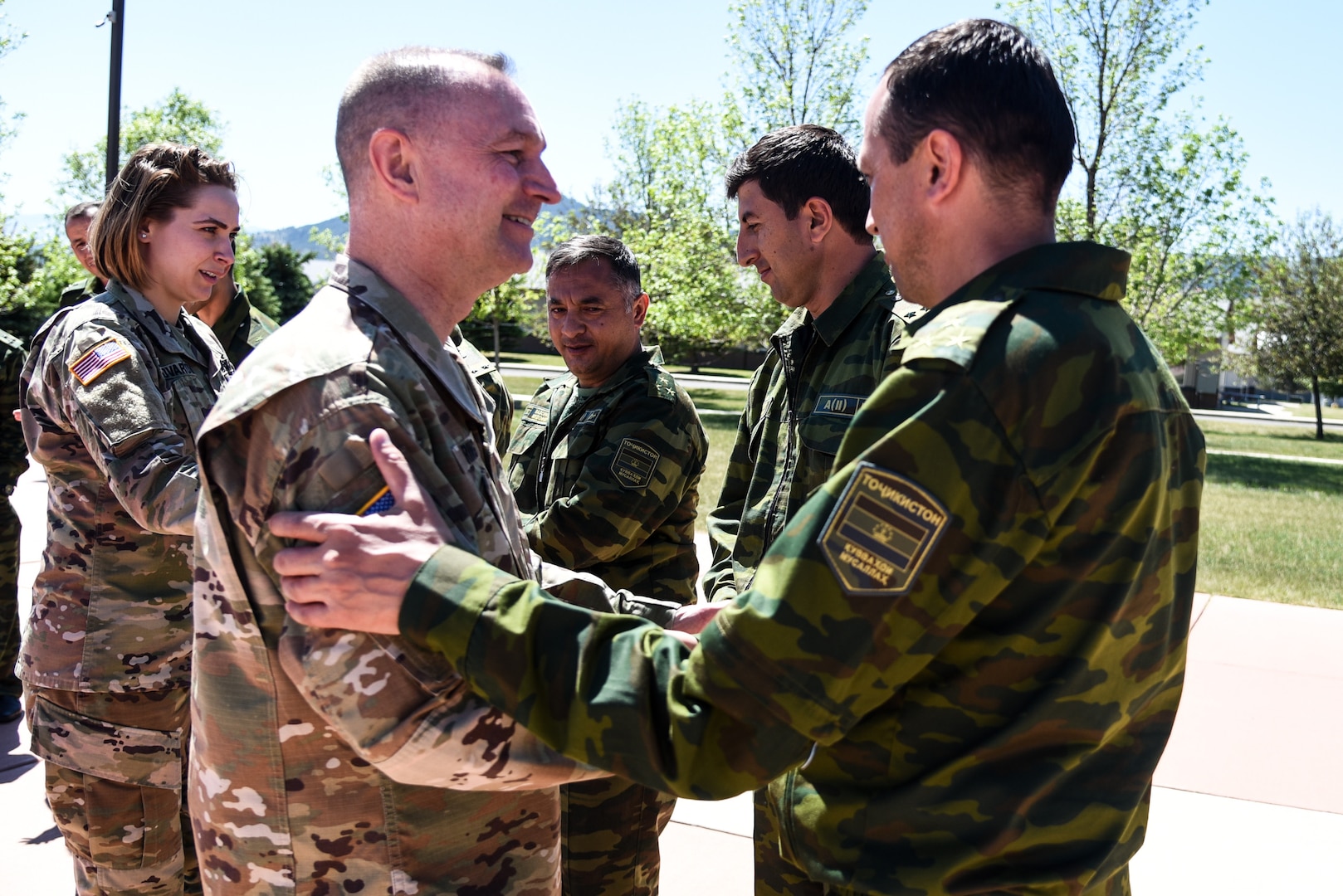 Brig. Gen. James Ring, Virginia National Guard Director of the Joint Staff, and Col. Todd Hubbard, VNG Operations Chief, visit  Regional Cooperation 2021, a U.S. Central Command-led exercise designed to promote cooperation among the U.S and partner nations in Central and South Asia, June 14, 2021, in Helena, Montana. Fifteen Virginia Soldiers participated in the event and were integrated in various staff positions and used the opportunity to strengthen their relationship with their state partners from Tajikistan. (U.S. Army National Guard photo by Sgt. 1st Class Terra C. Gatti)