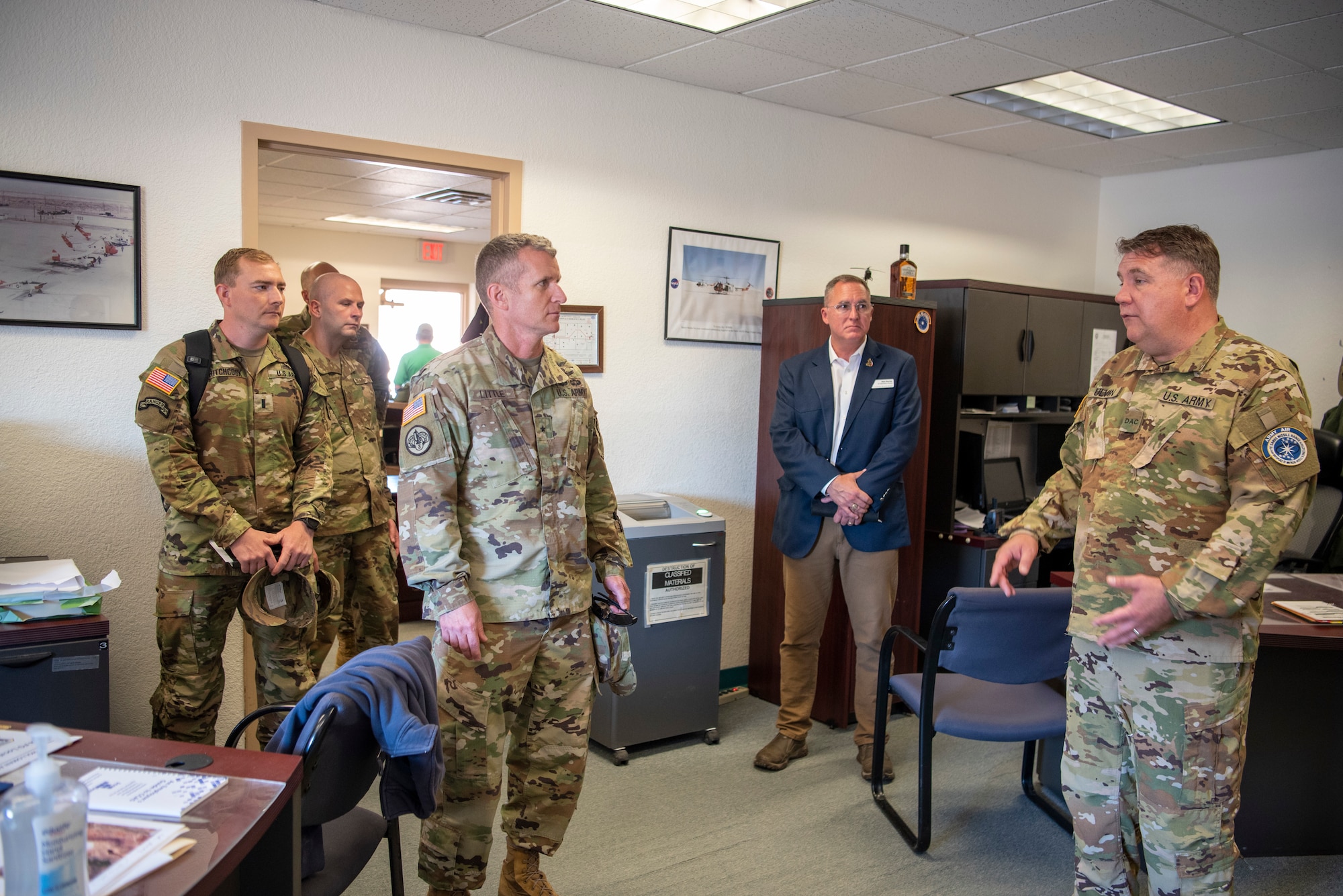 U.S. Army Brig. Gen. Eric Little, White Sands Missile Range commander, visits the Army Air Detachment, July 9, 2021, on Holloman Air Force Base, New Mexico. Little visited Holloman AFB to familiarize with local operations and tour partner units. (U.S. Air Force photo by Airman 1st Class Jessica Sanchez)