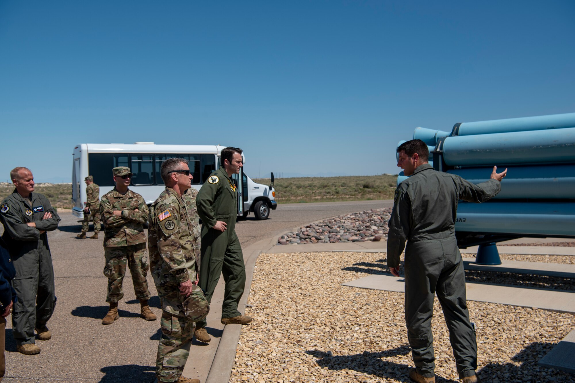 U.S. Army Brig. Gen. Eric Little, White Sands Missile Range commander, visits the 704th Test Group test track sled park, July 9, 2021, on Holloman Air Force Base, New Mexico. Little visited Holloman AFB to familiarize with local operations and tour partner units. (U.S. Air Force photo by Airman 1st Class Jessica Sanchez)