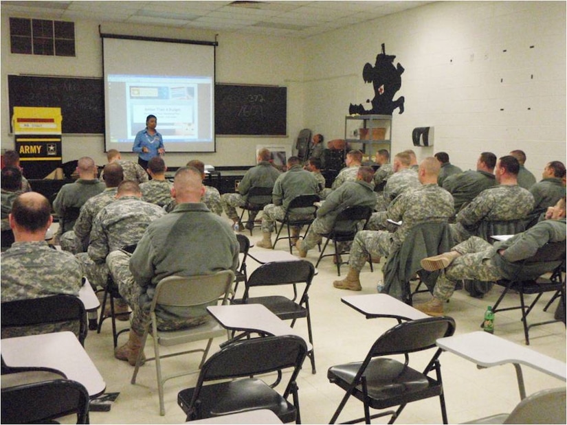 Members of the 138th Fires Brigade attentively absorb information, pertaining to financial planning during Resiliency training at Fort Knox, Ky., Feb. 6.