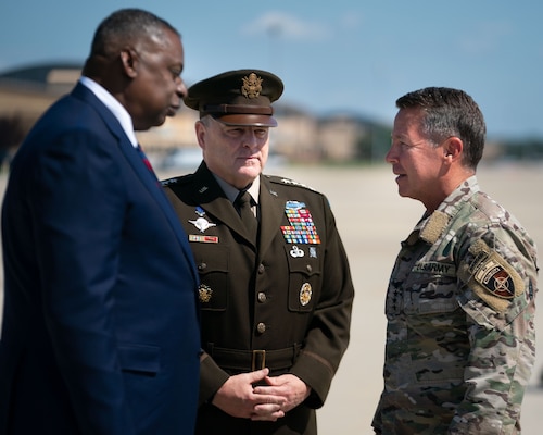 Defense Secretary Lloyd Austin and Army Gen. Mark A. Milley, chairman of the Joint Chiefs of Staff, meet Army Gen. Scott Miller at Joint Base Andrews, Md., upon his return home from Afghanistan after relinquishing command of U.S. and NATO Resolute Support Mission, July 14, 2021. Miller relinquished command July 12, 2021 as the U.S. reduces the military presence in Afghanistan. (DOD Photo by Navy Petty Officer 1st Class Carlos M. Vazquez II)