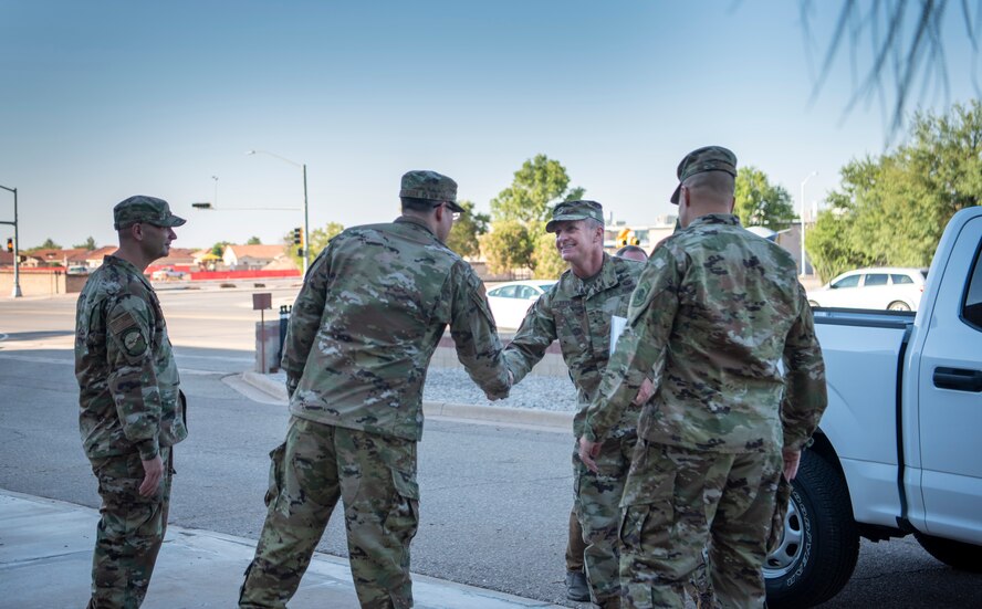 49th Wing leadership greets U.S. Army Brig. Gen. Eric Little, White Sands Missile Range commander, to Holloman, July 9, 2021, on Holloman Air Force Base, New Mexico. Little visited Holloman AFB to familiarize with local operations and visit partner units. (U.S. Air Force photo by Airman 1st Class Jessica Sanchez)